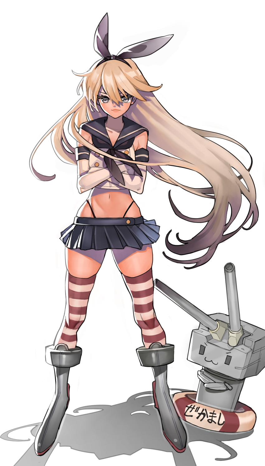 >:3, 1girl, :3, aruterra, black_panties, blonde_hair, boots, crossed_arms