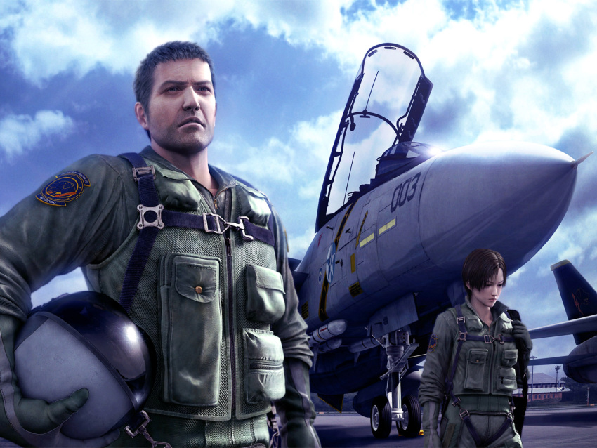 1boy, 1girl, 3d, ace_combat, ace_combat_5, aircraft, airplane, blue_sky