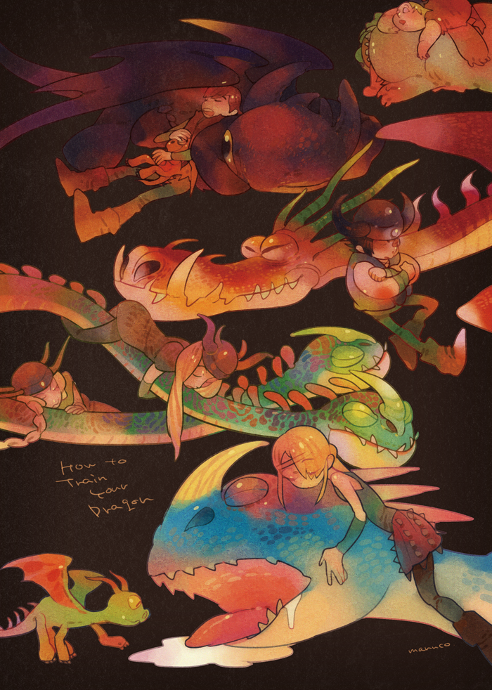 2girls, 4boys, astrid_hofferson, barf_and_belch, black_background, blonde_hair, brown_hair, dragon, dragon_wings, fangs, fishlegs_ingerman, hiccup_horrendous_haddock_iii, hookfang, horned_helmet, horns, how_to_train_your_dragon, long_image, lying, maruco, meatlug, multiple_boys, multiple_girls, ruffnut_thorston, sleeping, snotlout_jorgenson, stormfly, tall_image, toothless, tuffnut_thorston, wings