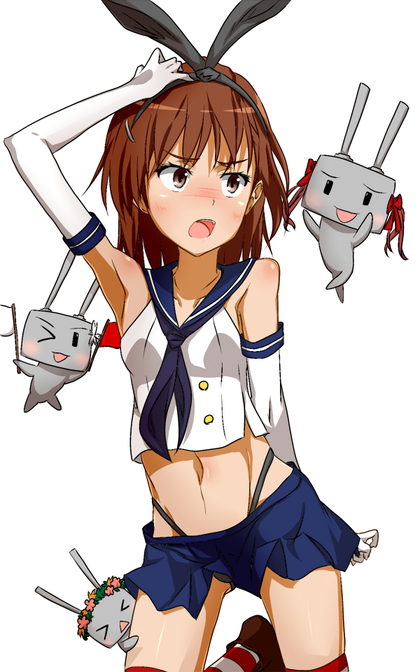 >_<, >_o, :<, :d, arm_behind_back, blush, bow, brown_eyes, brown_hair, detached_sleeves, etsuji, flag, flower, hair_bow, hair_flower, hair_ornament, hairband, hairclip, hand_on_own_head, head_wreath, kantai_collection, looking_at_another, microskirt, midriff, misaka_mikoto, navel, open_mouth, rensouhou-chan, saten_ruiko_(cosplay), shimakaze_(kantai_collection)_(cosplay), shirai_kuroko_(cosplay), shoes, short_hair, skirt, smile, striped, striped_legwear, thighhighs, thong, to_aru_kagaku_no_railgun, to_aru_majutsu_no_index, twintails, uiharu_kazari_(cosplay), white_background, wink