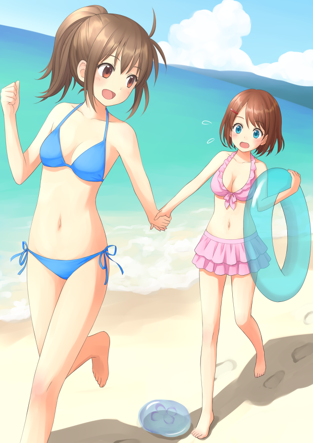 2girls, barefoot, beach, bikini, blue_eyes, brown_hair, holding_hands, innertube