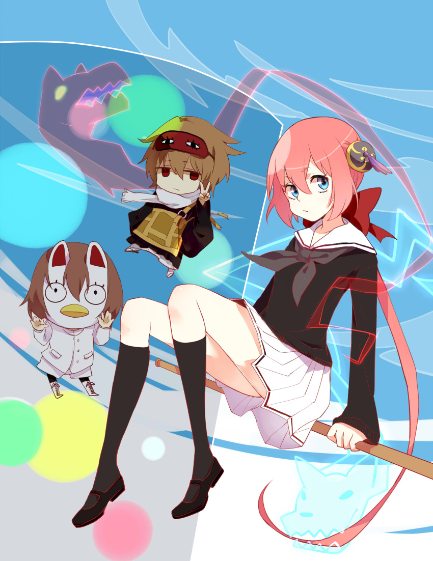 1boy, 1girl, a_(kyousougiga), absurdres, black_legwear, blue_eyes, boots, bow, brown_hair, chibi, flat_gaze, gintama, hair_bow, hair_ornament, highres, inari_(kyousougiga)_(cosplay), kagura_(gintama), koto_(kyousougiga)_(cosplay), kyousougiga, long_hair, mary_janes, mask, myoue_(cosplay), okita_mitsuba, okita_sougo, orange_hair, ponytail, priest, red_eyes, sailor_collar, sandals, scarf, seiyuu_connection, shoes, short_hair, sitting, skirt, sleep_mask, socks, sweater, un_(kyousougiga), v, vveird