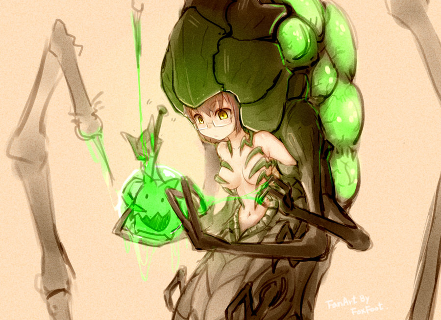 abathur, breasts, brown_hair, censored, convenient_censoring, foxfoot, glasses, monster_girl
