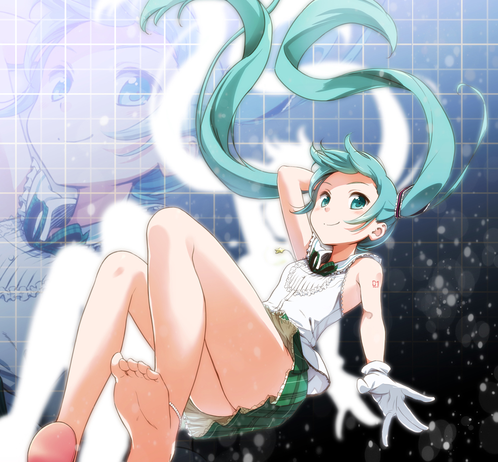 1girl, anklet, floating_hair, gloves, green_eyes, green_hair, hatsune_miku, jewelry