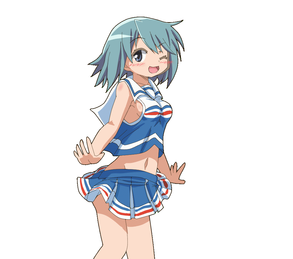 1girl, animated, animated_gif, blue_eyes, blue_hair, blush, breasts, cheerleader