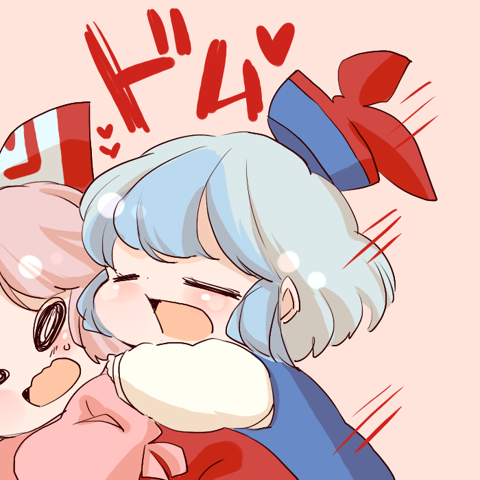 2girls, baby, blue_hair, bow, closed_eyes, fujiwara_no_mokou, hair_bow, hat