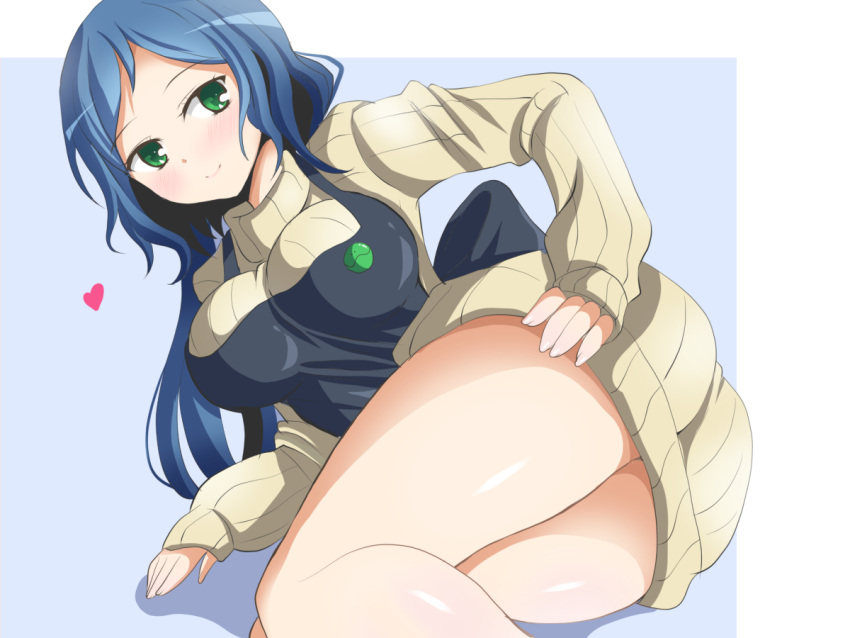 1girl, apron, blue_background, blue_hair, breasts, deego_(omochi_bazooka), green_eyes, gundam