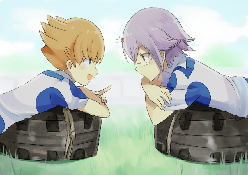 2boys, barufoa, glasses, inazuma_eleven_(series), inazuma_eleven_go, inazuma_eleven_go_galaxy, ladybug, lying