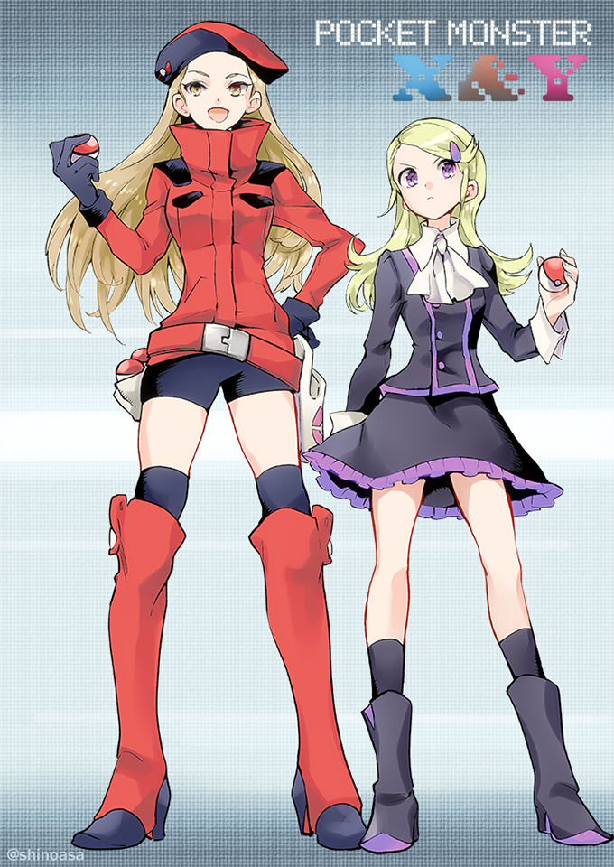 2girls, ace_trainer_(pokemon), belt_pouch, beret, bike_shorts, black_gloves, blonde_hair, boots, brown_eyes, brown_hair, cravat, gloves, hair_ornament, hairclip, hand_on_hip, hat, holding, holding_poke_ball, knee_boots, kneehighs, long_hair, multiple_belts, multiple_girls, npc, pkmn_ranger_(pokemon), poke_ball, pokemon, pokemon_(game), pokemon_xy, shinoasa, skirt, thighhighs, violet_eyes