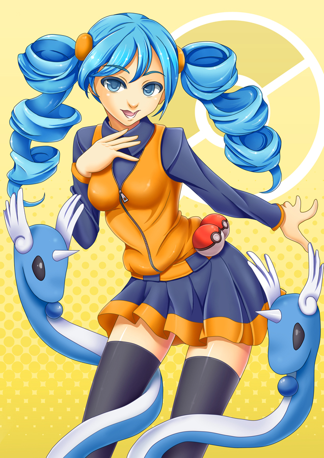 1girl, ace_trainer_(pokemon), black_legwear, blue_eyes, blue_hair, dragonair, drill_hair, horn