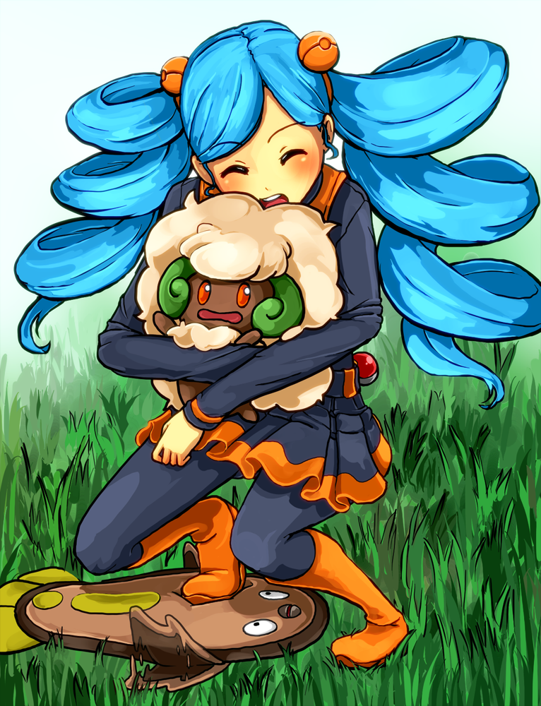 1girl, ^_^, ace_trainer_(pokemon), aqua_hair, black_legwear, blush, closed_eyes, drill_hair