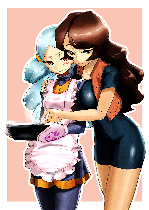 2girls, ace_trainer_(pokemon), apron, arm_around_shoulder, black_legwear, blue_eyes, blue_hair, blush