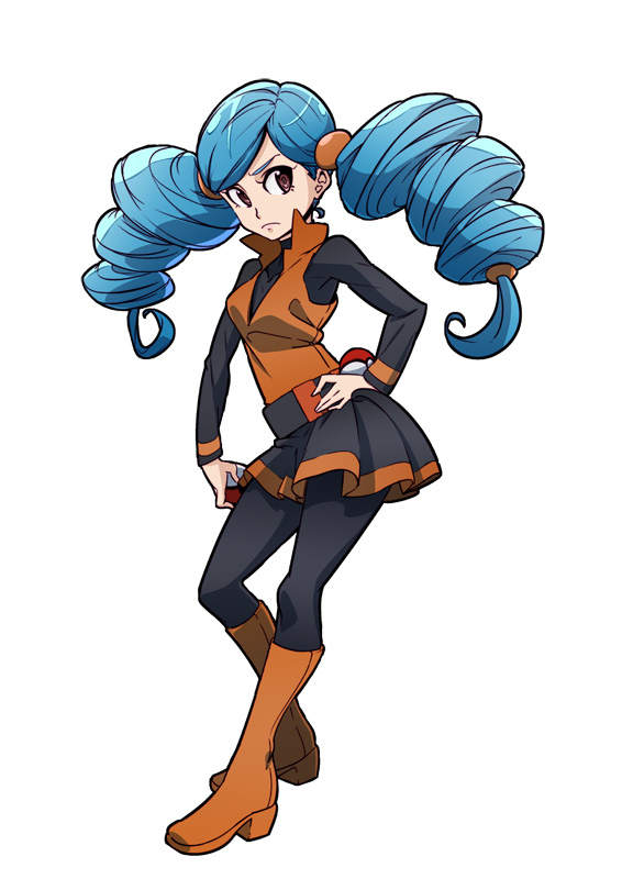 1girl, ace_trainer_(pokemon), belt, black_legwear, blue_hair, boots, contrapposto, drill_hair