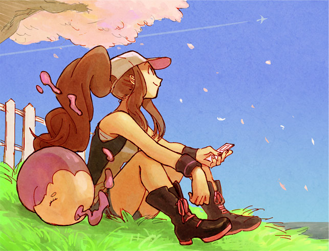1girl, baseball_cap, blue_sky, boots, brown_hair, cellphone, character_request, denim