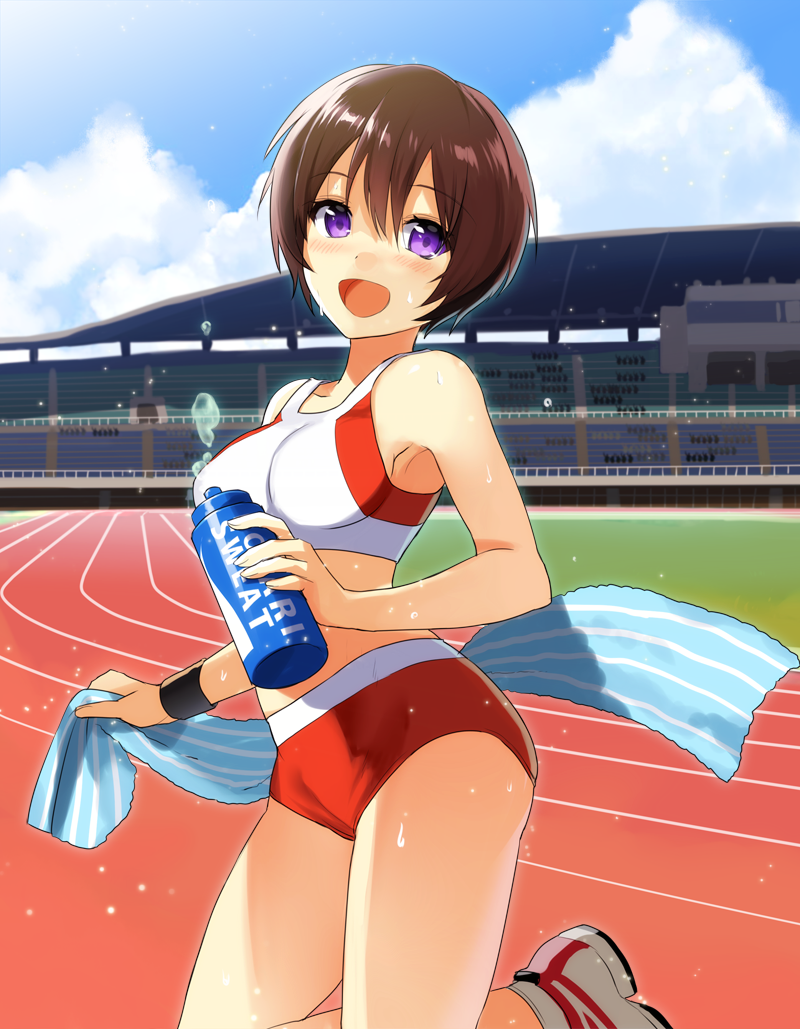 1girl, blush, brown_hair, flying_sweatdrops, original, oselo721, pocari_sweat, short_hair, smile, solo, sports_bikini, sweat, sweating, towel, track, violet_eyes