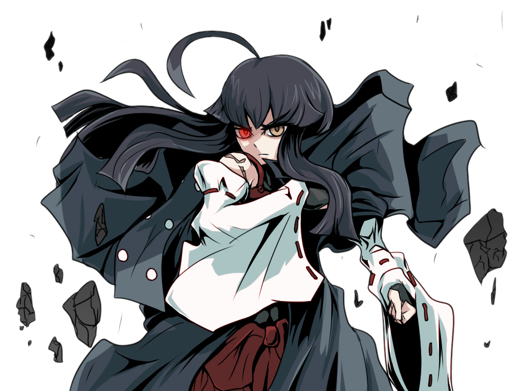 1girl, ahoge, bare_shoulders, black_hair, cape, detached_sleeves, fingerless_gloves, floating_rocks