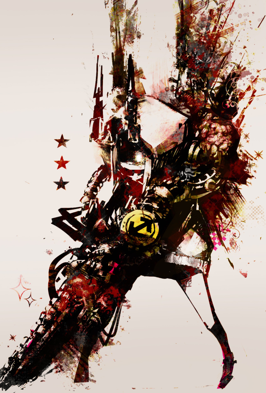 1girl, chainsaw, doku_kinoko, glowing, glowing_eye, highres, hood, machinery