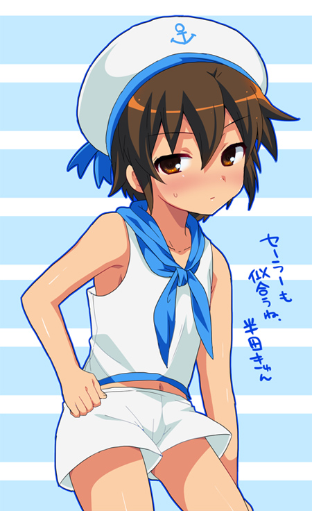 1boy, ascot, blush, brown_eyes, brown_hair, futaba_841, handa_shin'ichi, hat