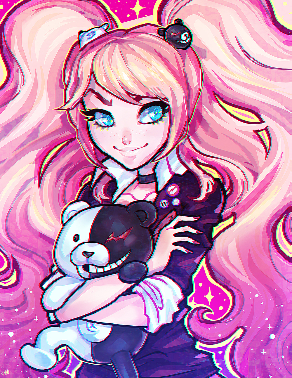 1girl, asia_kendrick-horton, bear_hair_ornament, blue_eyes, choker, dangan_ronpa, enoshima_junko, eyelashes
