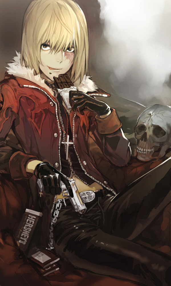blonde_hair, chocolate, cross, death_note, gloves, gun, hershey's, jacket