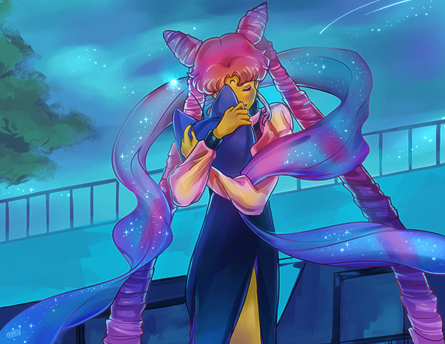 1girl, asia_kendrick-horton, bishoujo_senshi_sailor_moon, black_lady, character_request, chibi_usa, closed_eyes, crescent