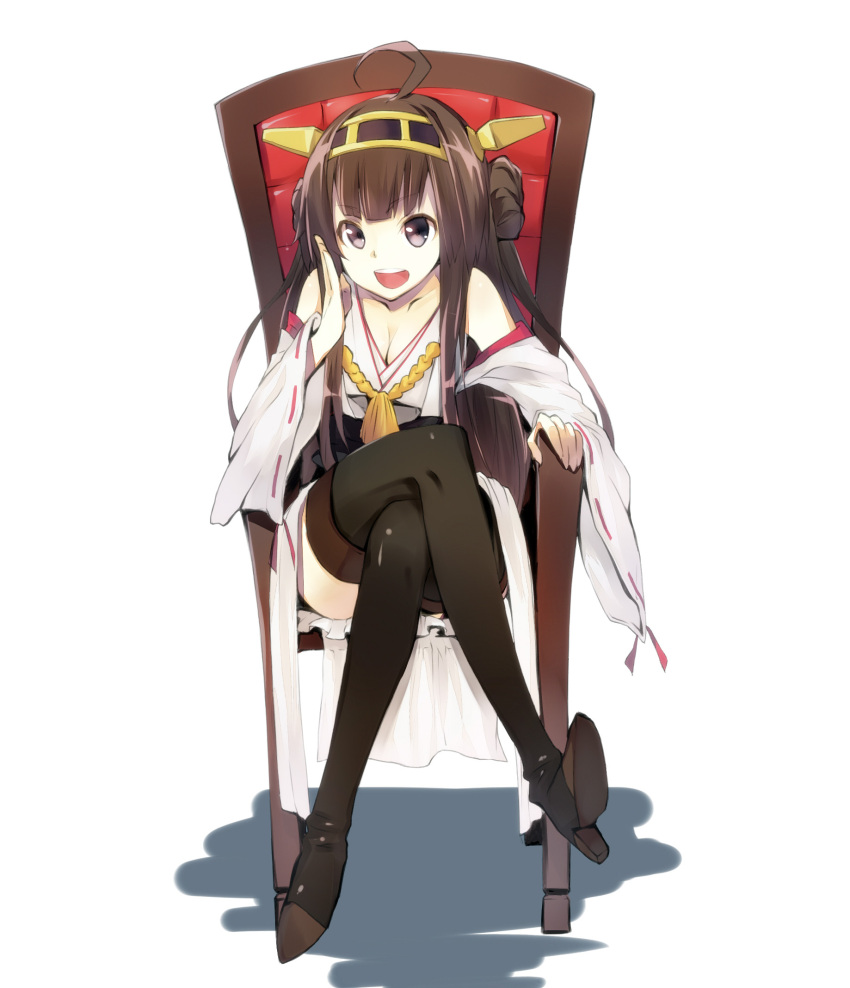 1girl, ahoge, bare_shoulders, boots, brown_hair, detached_sleeves, double_bun, hair_ornament