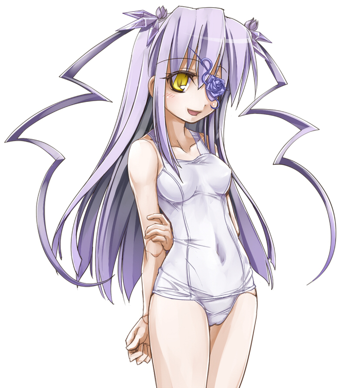 doll_joints, eyepatch, hair_ornament, long_hair, one-piece_swimsuit, purple_hair, rozen_maiden, sasa_ichi