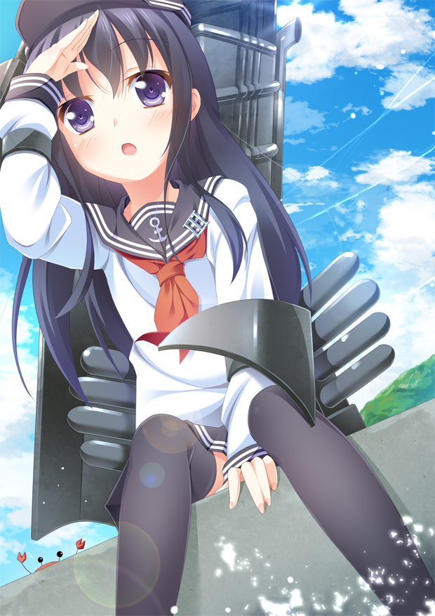 1girl, akatsuki_(kantai_collection), black_hair, black_legwear, blue_sky, clouds, crab, flat_cap