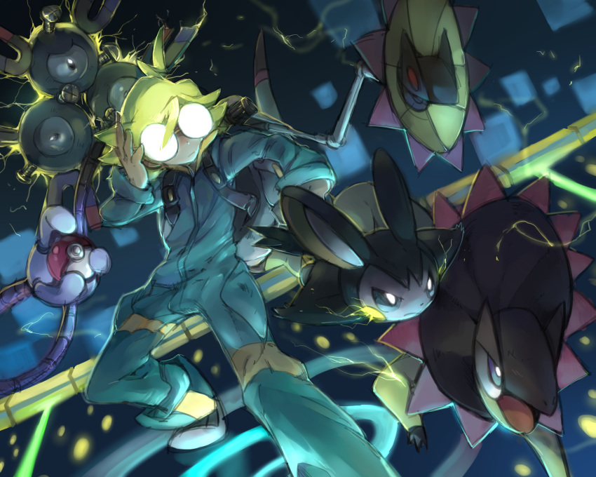 1boy, absurdres, blonde_hair, brad_(16325), citron_(pokemon), electricity, emolga, glasses