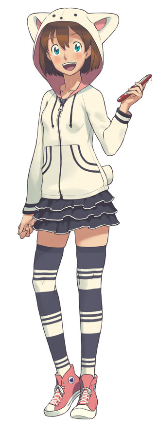 aqua_eyes, brown_hair, green_eyes, hands, hood, ishikawa_hideki, kneehighs, legs