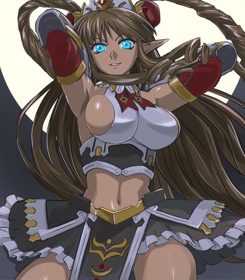 blue_eyes, breasts, brown_hair, cleavage, glowing, glowing_eyes, haruyama, large_breasts