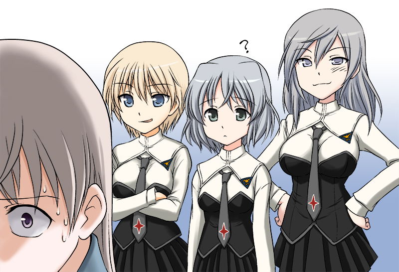 4girls, ?, aurora_e_juutilainen, blonde_hair, blue_eyes, crossed_arms, eila_ilmatar_juutilainen, green_eyes, grey_eyes, hands_on_hips, mirutsu_(milts), multiple_girls, necktie, nikka_edvardine_katajainen, sanya_v_litvyak, sanya_v_litvyak_(cosplay), siblings, silver_hair, sisters, smile, strike_witches, sweat, violet_eyes