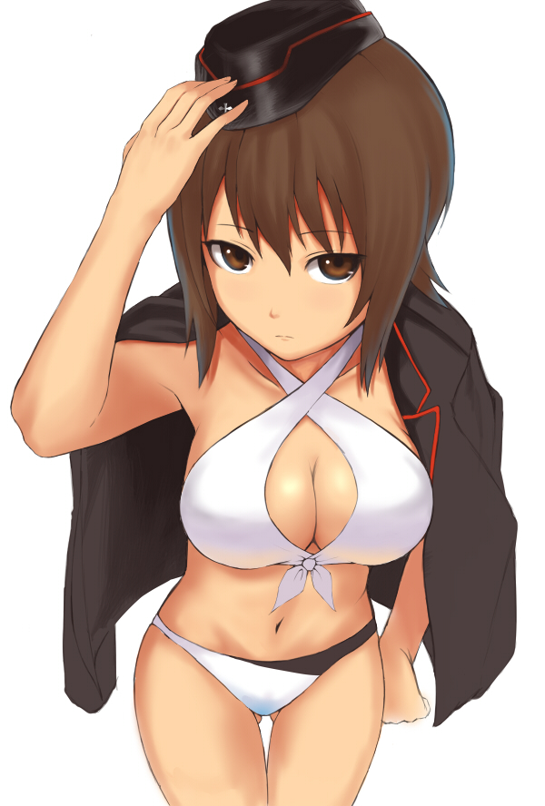 1girl, bikini, breasts, brown_eyes, brown_hair, cleavage, girls_und_panzer, hat, jacket, nishizumi_maho, short_hair, swimsuit, takenaka_koudai