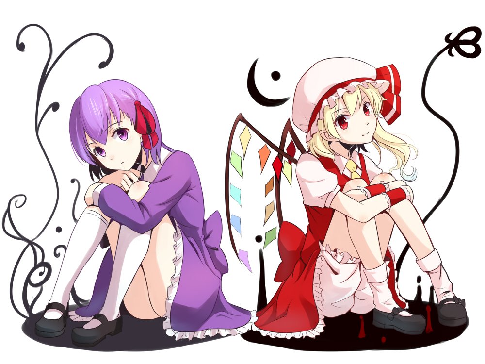 2girls, blonde_hair, crossover, dress, flandre_scarlet, hair_ribbon, hat, matou_sakura