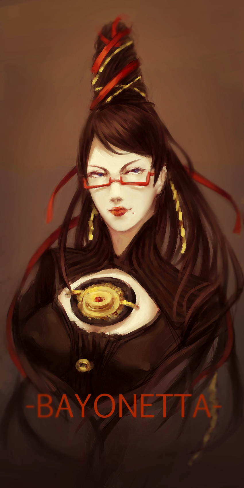 1girl, absurdres, amulet, bayonetta, bayonetta_(character), beehive_hairdo, black_hair, blue_eyes