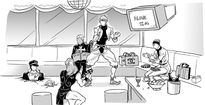 dio_brando, enrico_pucci, funaki_kazuo, jean_pierre_polnareff, jojo_no_kimyou_na_bouken, karaoke, kuujou_joutarou, monochrome