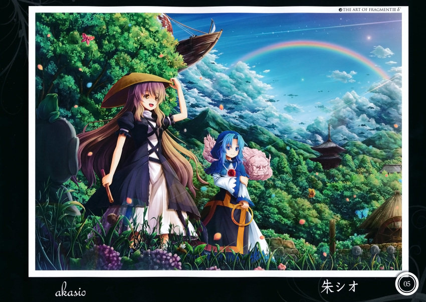 1boy, 2girls, ajirogasa, akashio_(loli_ace), artist_name, blue_eyes, blue_hair, blue_sky
