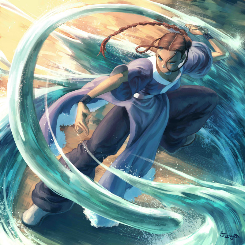1girl, amulet, avatar:_the_last_airbender, baggy_pants, blue_eyes, braid, breasts, brown_hair, choker, dark_skin, element_bending, eon_forgery, fighting_stance, hair_rings, katara, long_hair, signature, single_braid, solo, water, wristband