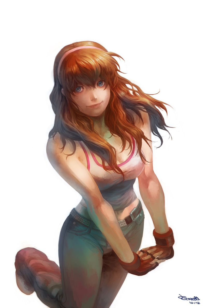 1girl, belt, blue_eyes, breasts, brown_hair, dead_or_alive, eon_forgery, fingerless_gloves