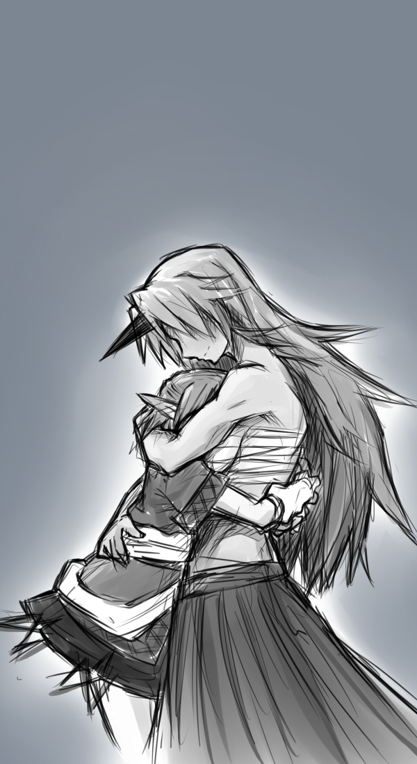 2girls, hoshiguma_yuugi, hug, long_hair, long_skirt, mizuhashi_parsee, monochrome, multiple_girls