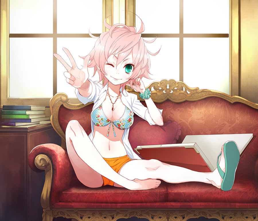 1girl, barefoot, couch, green_eyes, kujou_non, navel, open_clothes, open_shirt