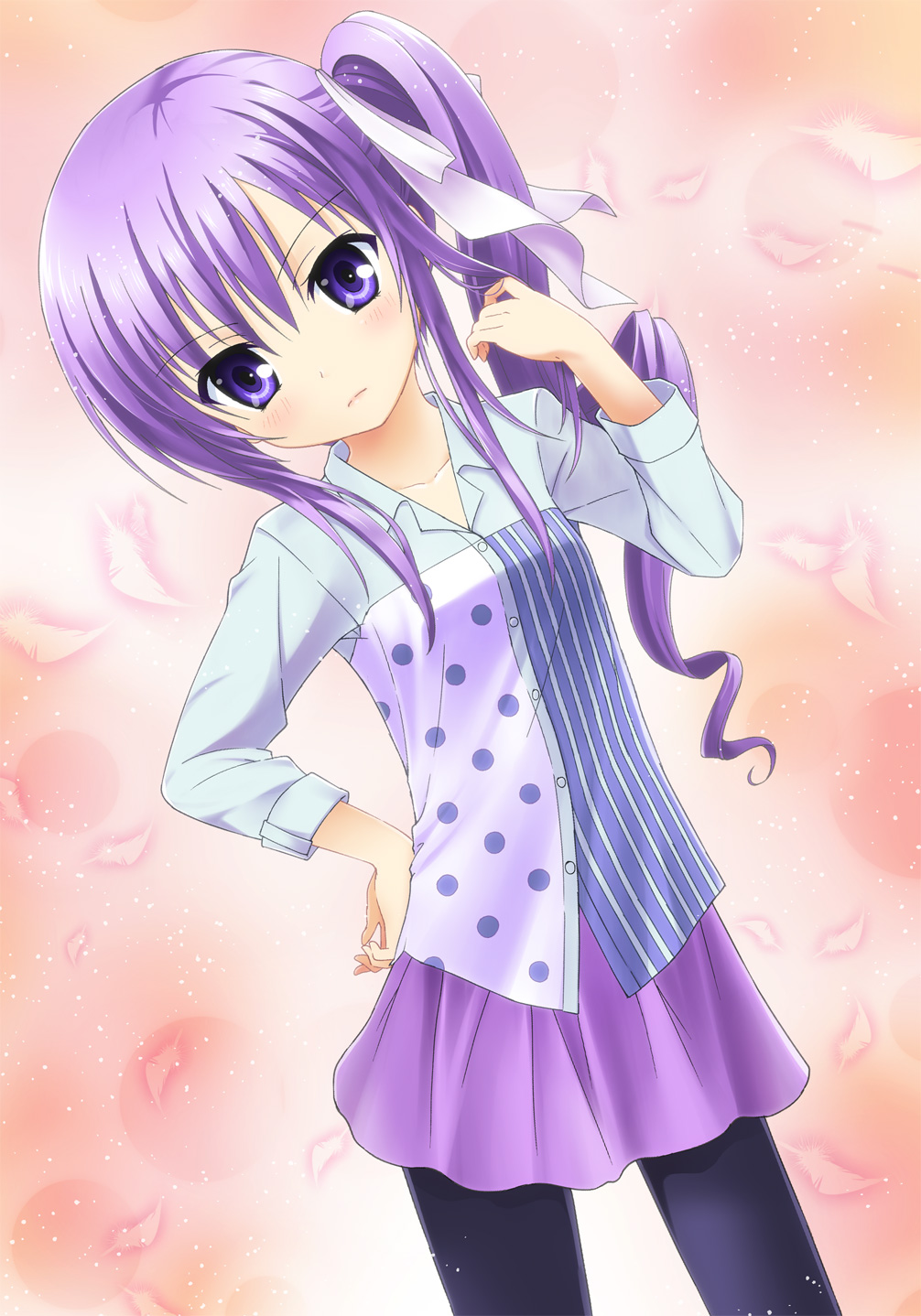 1girl, arm_up, fujii_masami, hair_flip, hand_on_hip, highres, iizuka_ena, long_hair, pantyhose, purple_hair, ribbon, rou-kyuu-bu!, shirt, side_ponytail, skirt, solo, violet_eyes