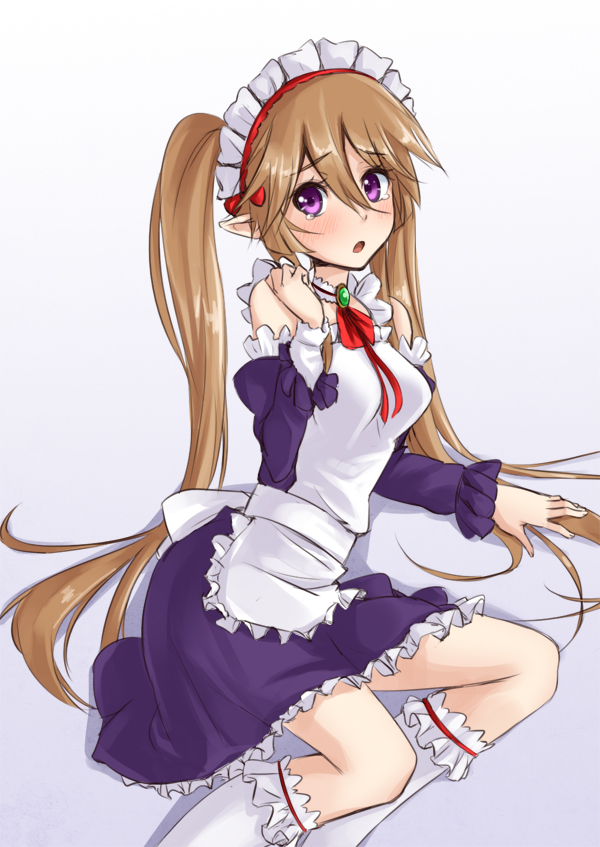 1girl, blush, brown_hair, dress, frilled_dress, frills, long_hair, maid