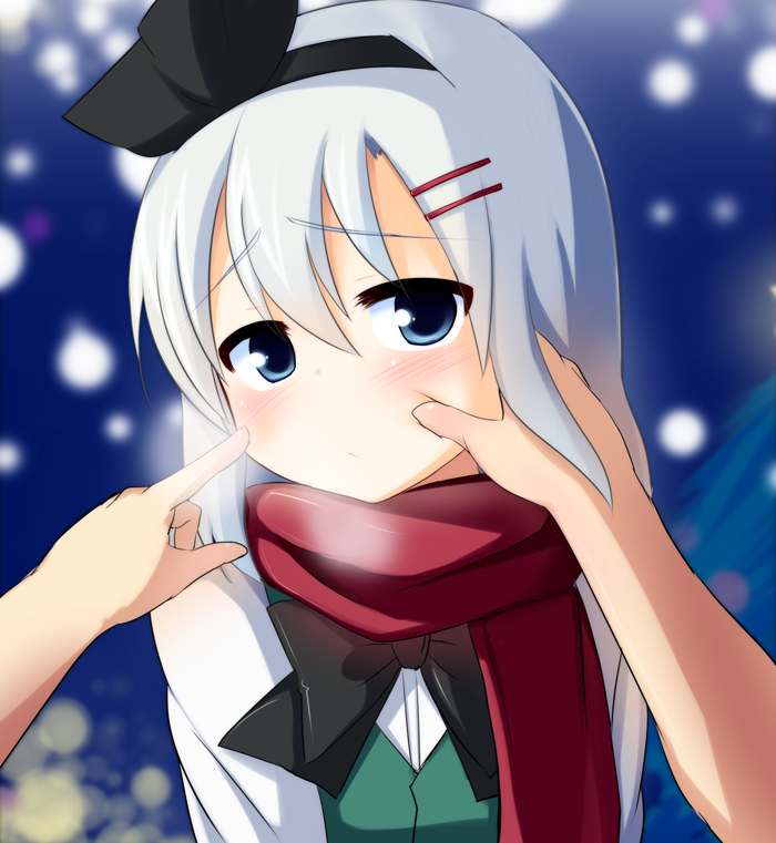 1girl, blush, cheek_pinching, cheek_poke, konpaku_youmu, looking_at_viewer, mirino, pinching