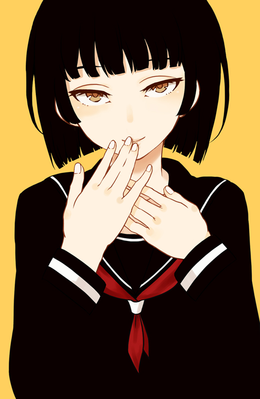 1girl, black_hair, bob_cut, brown_eyes, covering_mouth, hand_over_own_mouth, hands, haruhito_(divineshalt), looking_at_viewer, original, school_uniform, serafuku, short_hair, simple_background, smile, solo