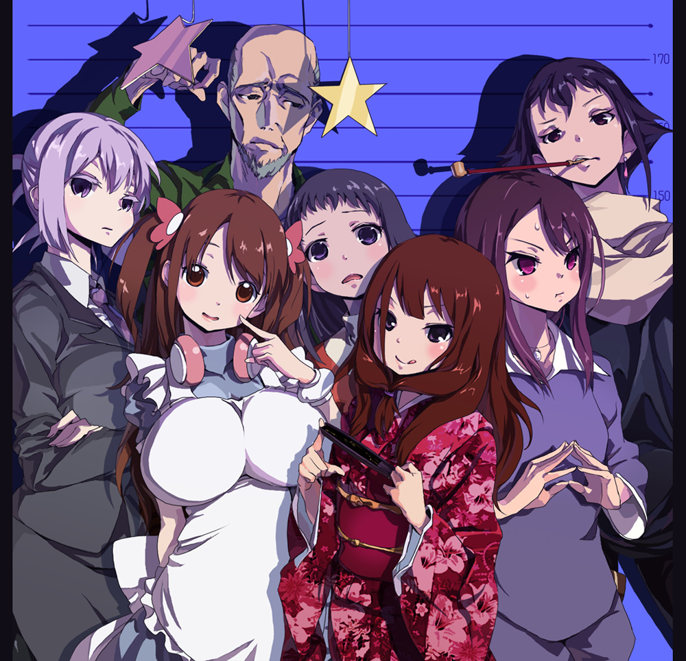 1boy, 6+girls, :p, :t, apron, bald, beard, blazer