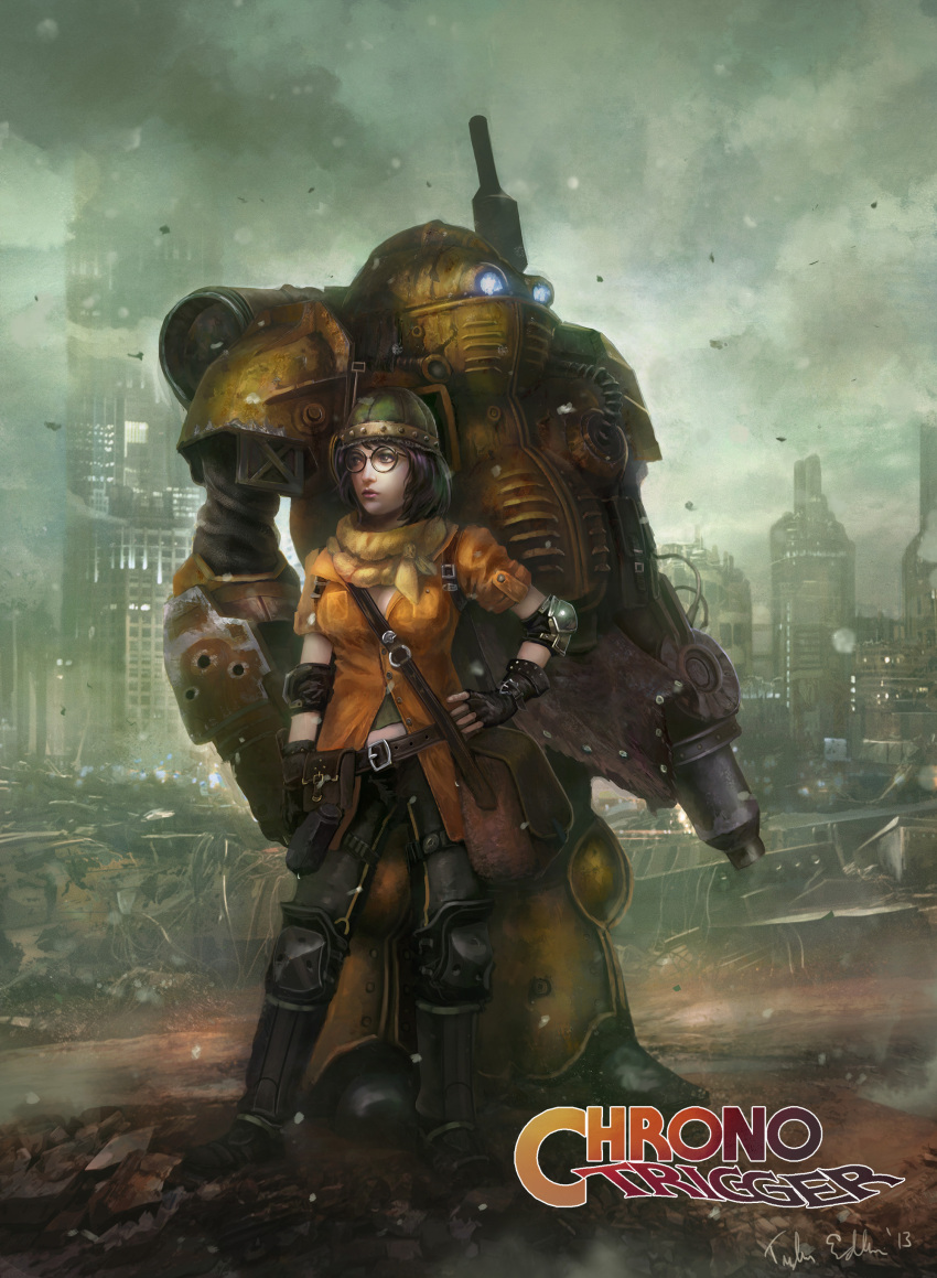 1girl, absurdres, arm_cannon, bag, belt, belt_pouch, blue_eyes, breasts, chrono_trigger, elbow_pads, fingerless_gloves, glasses, gloves, hand_on_hip, height_difference, helmet, highres, knee_pads, leg_warmers, lips, lucca_ashtear, nose, post-apocalypse, purple_hair, realistic, robo, robot, round_glasses, satchel, scarf, short_hair, signature, strap_cleavage, tyler_edlin, weapon