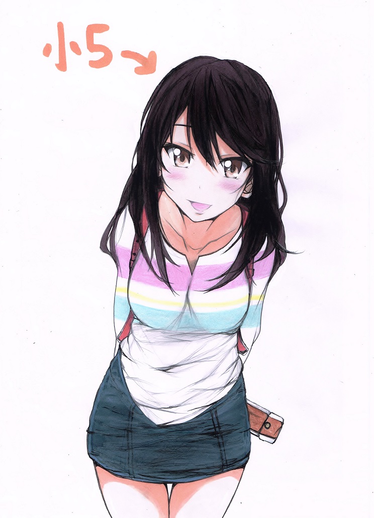 1girl, arms_behind_back, backpack, bag, black_hair, blush, brown_eyes, ichijou_hotaru
