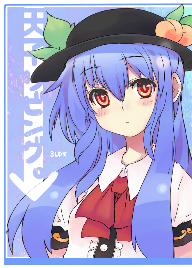 blue_hair, food, fruit, hat, hinanawi_tenshi, long_hair, peach, red_eyes