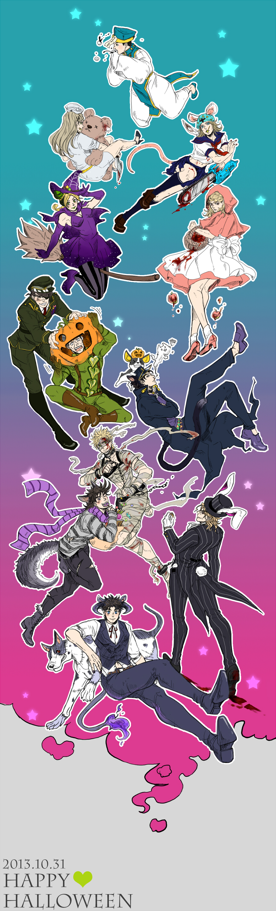 absurdres, animal_ears, april_rain, caesar_anthonio_zeppeli, cat_ears, cat_tail, chainsaw, danny_(jojo), demon_tail, devil_horns, dio_brando, dog, formal, frankenstein's_monster_(cosplay), giorno_giovanna, gyro_zeppeli, halloween, hat, higashikata_jousuke, higashikata_jousuke_(jojolion), highres, iggy_(jojo), jack-o'-lantern, jiangshi, johnny_joestar, jojo_no_kimyou_na_bouken, jojolion, jonathan_joestar, joseph_joestar_(young), kuujou_jolyne, kuujou_joutarou, little_red_riding_hood_(cosplay), military, military_uniform, mummy, nijimura_okuyasu, nurse, rabbit_ears, school_uniform, serafuku, steel_ball_run, stitches, stuffed_animal, stuffed_toy, suit, tail, teddy_bear, top_hat, tuxedo, uniform, werewolf, witch, wolf_ears, wolf_tail